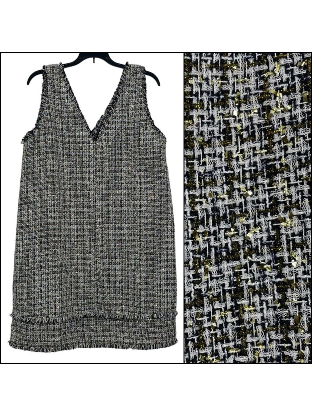 LOFT Womens Dress Size 12 Tweed Sleeveless V-Neck Fringe Navy White Gold NWT